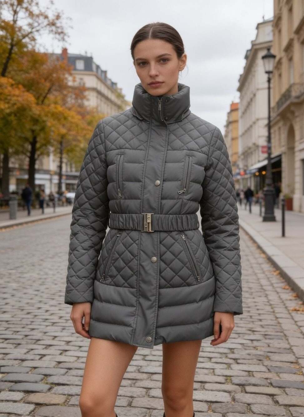 Moda International Quilted Puffer Jacket with Belt Black